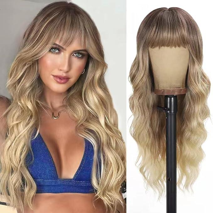 UNNYMGER Blonde Wig with Bangs Long curly wavy Wig for Women Ombre wig with Brown root skinfriendly synthetic fiber for festival holiday Use 26IN