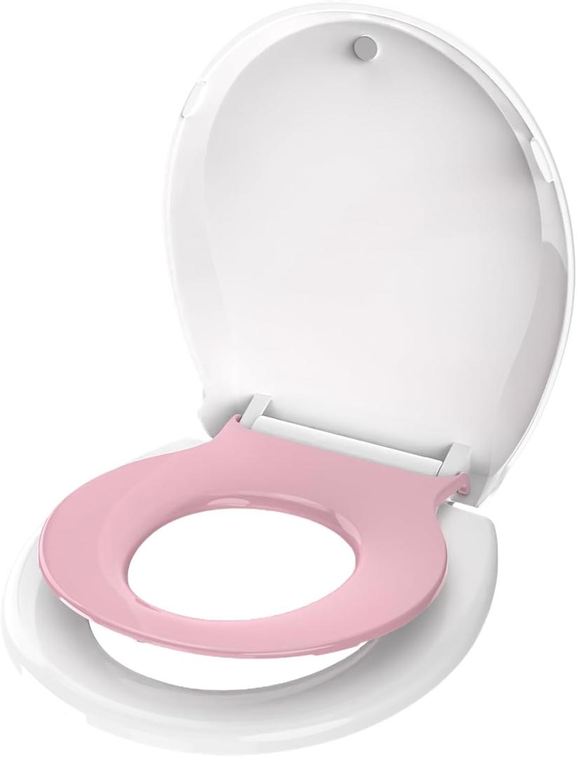 Ansffer Toddler Toilet Seat with Potty Training Seat Round 16.5inch, 2 in 1 Toilet Seat for Family Built-in Baby Seat Removable, Soft Close + Easy Clean, PP Safe Material, Pink