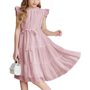 Arshiner Tween Girls Summer Dress Formal Ruffle Sleeve A Line Casual Elegant Dresses with Belt (5-6, Light Pink)