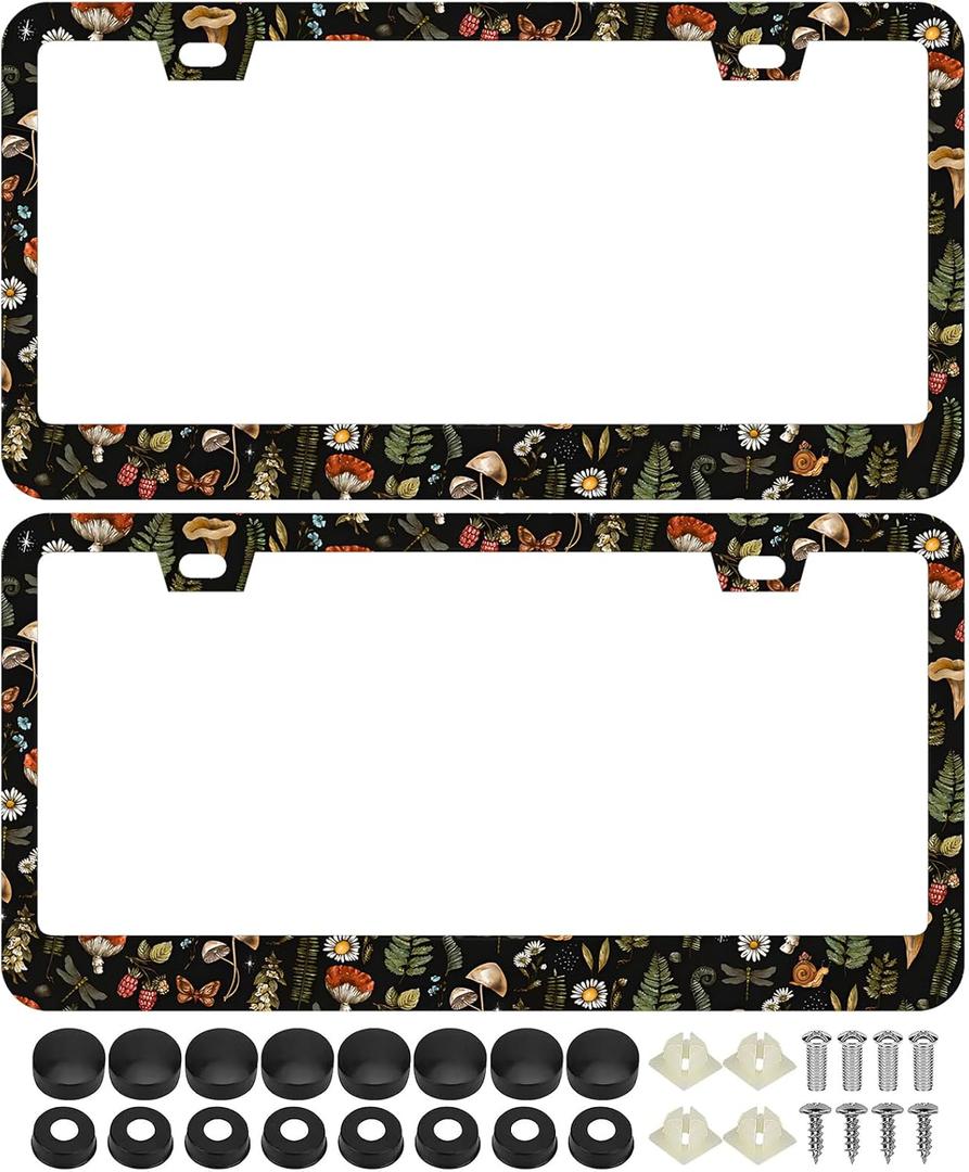 2Pcs Woodland Fern Moth Dragonfly Mushroom Amanita License Plate Frames Cover Holders Stainless Steel Kawaii Goth Black License Plate Cover with Screw Caps Cover Set - 2-Hole