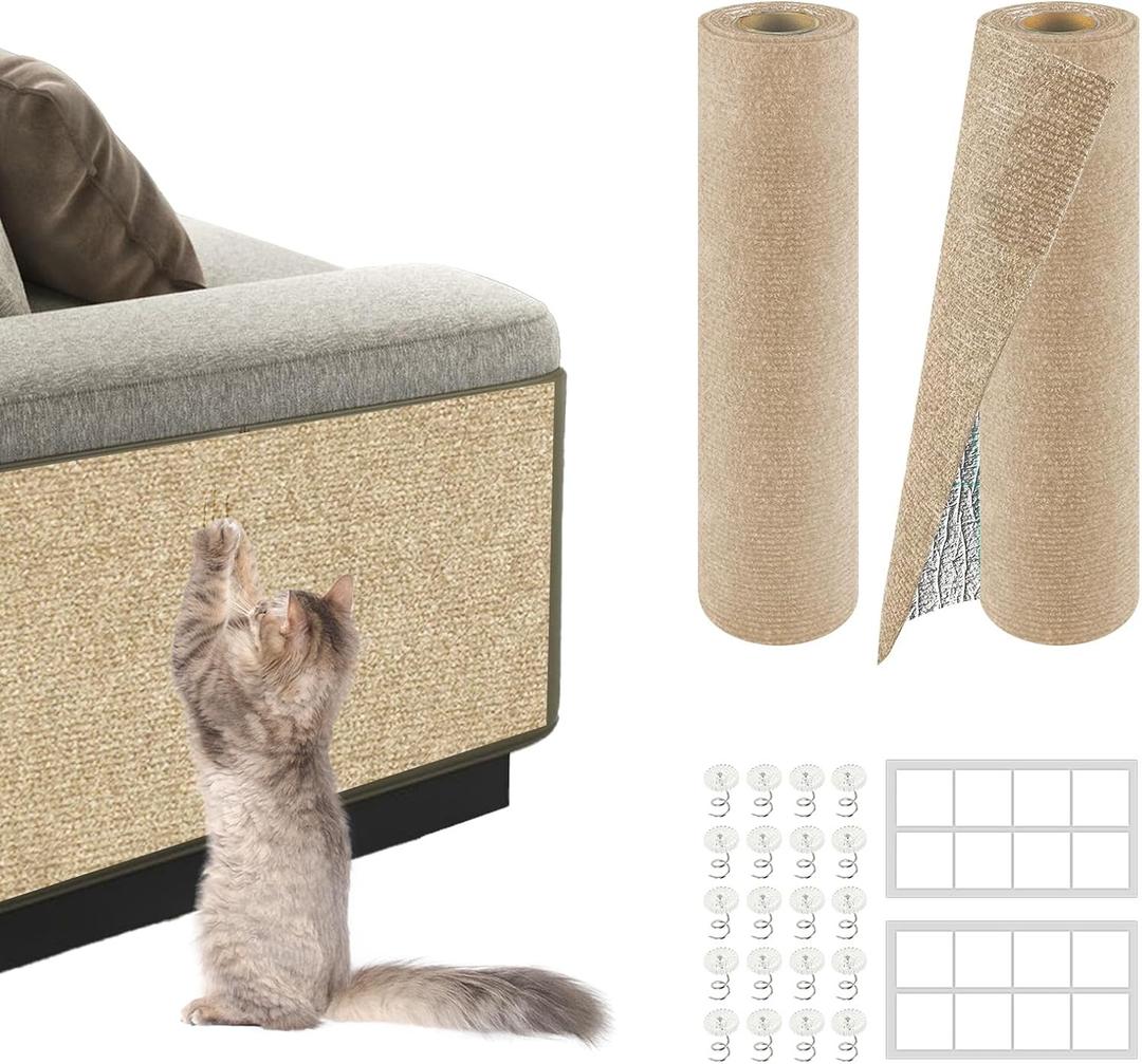 Cat Scratch Mat for Couch, Wall & Cat Tree 78.7" Trimmable Self-Adhesive Cat Scratcher, Furniture Protector for Cats, Felt Alternative to Sisal, DIY Replacement for Cat Tower, 2 Pack (Khaki)