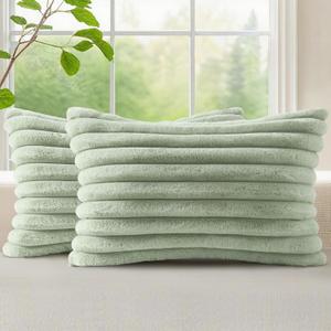 decorUhome Summer Cozy Faux Fur Throw Pillow Covers 12x20 Set of 2 Decorative Soft Plush Striped Lumbar Modern Farmhouse Boho Couch Pillow Cases with Velvet Back for Sofa Bed Living Room, Sage Green