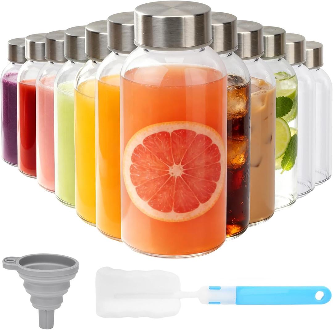 Sursip Glass Bottles 8 oz with Stainless Steel Lids (Set of 12) - Reusable Small Clear Jars for Juicing, Wellness Shots & Fridge Organization - Leakproof, Dishwasher Safe & BPA Free