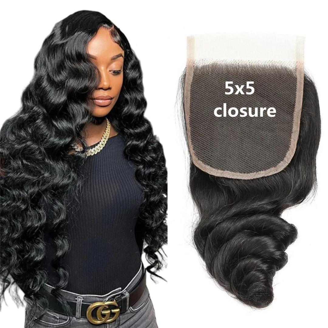 Brazilian Loose Wave 5x5 Lace Closure 100% Unprocessed Human Virgin Hair Pre Plucked Loose Deep Wave Pre-Plucked Hairline Frontal Closure Natural Black With Baby Hair (5x5 loose wave closure, 18inch)