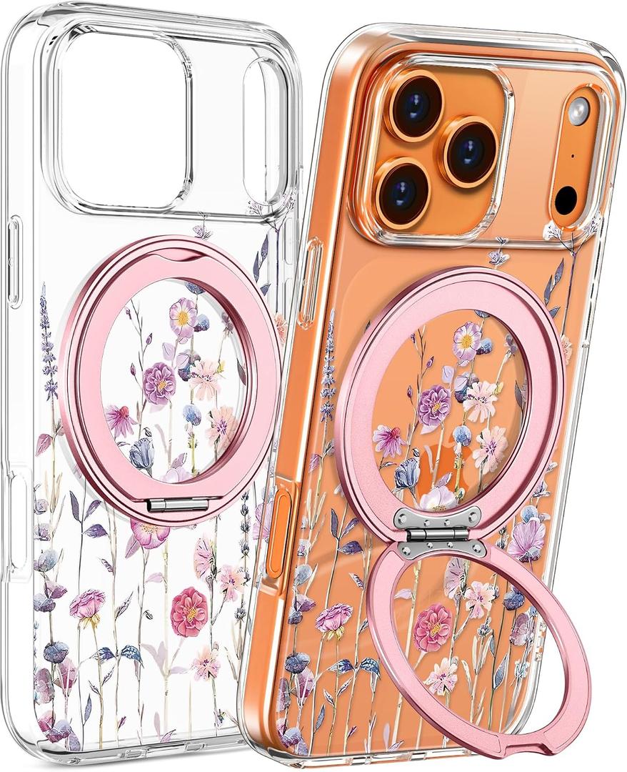 Loheckle for iPhone 17 Pro Max Case with Stand- Compatible with MagSafe Women Girls Cute Clear Girly Unique Design Soft TPU Magnetic Ring Phone Cover for Apple 17 Promax, Purple Flower