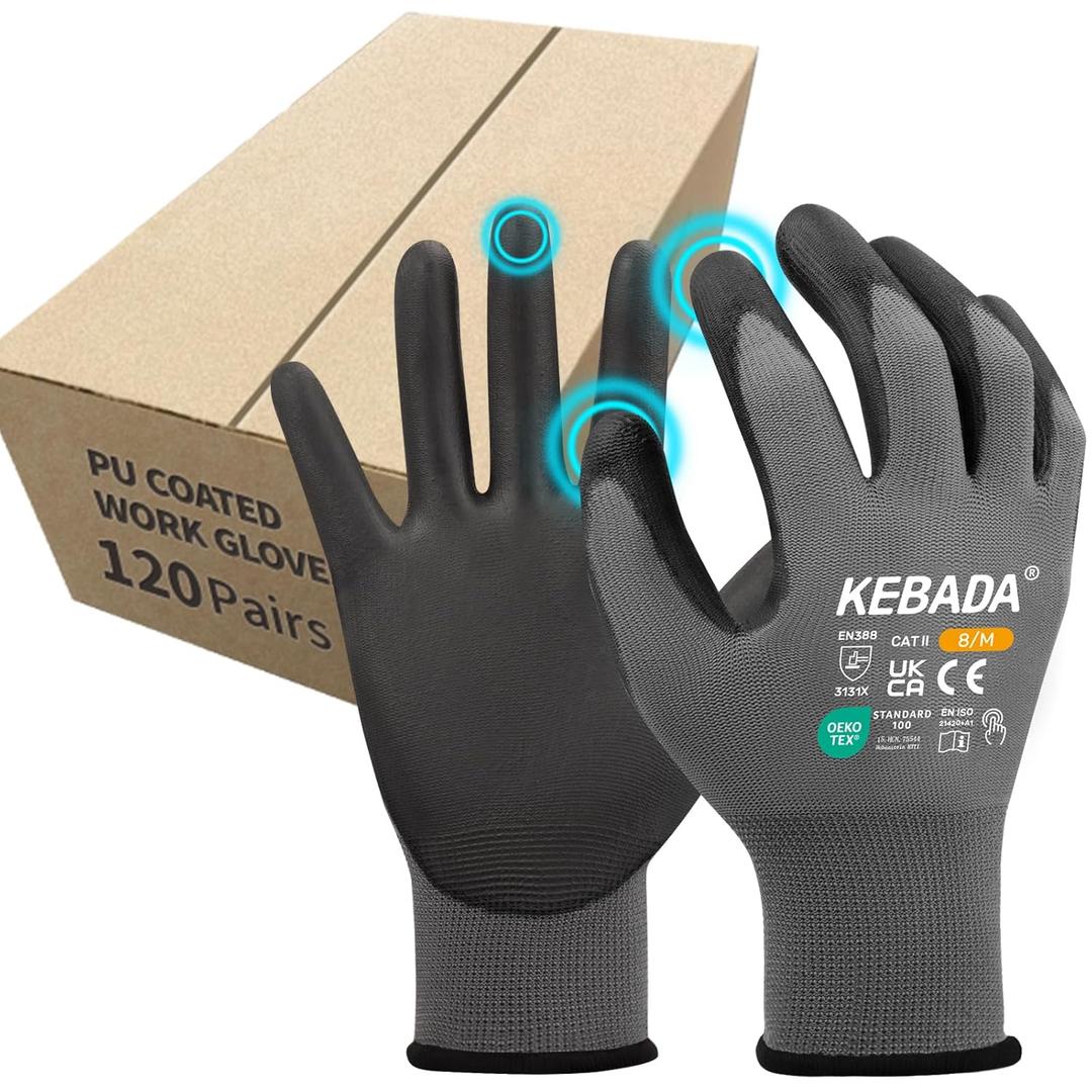 Kebada Safety Work Gloves,120 Pairs Bulk Pack, Touchscreen, PU Coated, Ideal for Warehouse, Construction, Gardening and Mechanics, Grey Medium