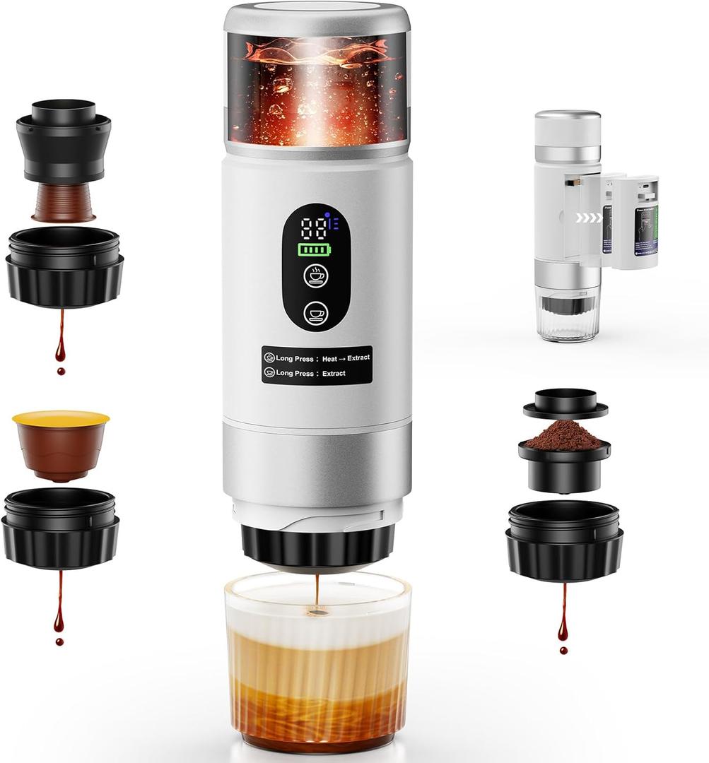 Portable Espresso Maker, Travel Coffee Maker for camping, Portable Espresso Machine with USB-C, 3-in-1 Small Espresso Machine with Ground Coffee & Capsules (NSDG) for RV (White (Two Batteries))