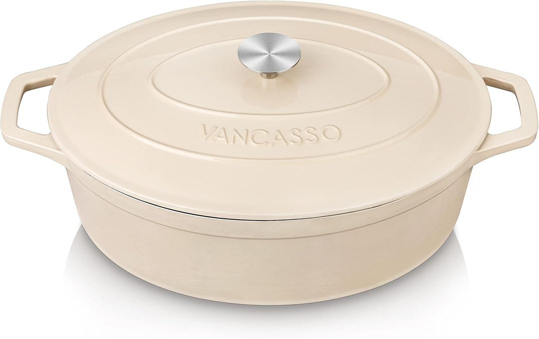 vancasso 9.3 Qt Oval Enameled Cast Iron Dutch Oven with Lid, Cream