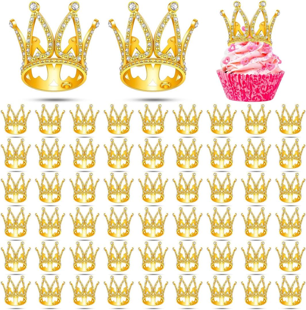 Sintuff 60 Pcs Mini Crown Cupcake Toppers Gold Cake Toppers Crown Small Tiara for Flower Arrangements Princess Headpiece for Birthday Wedding(Gold)