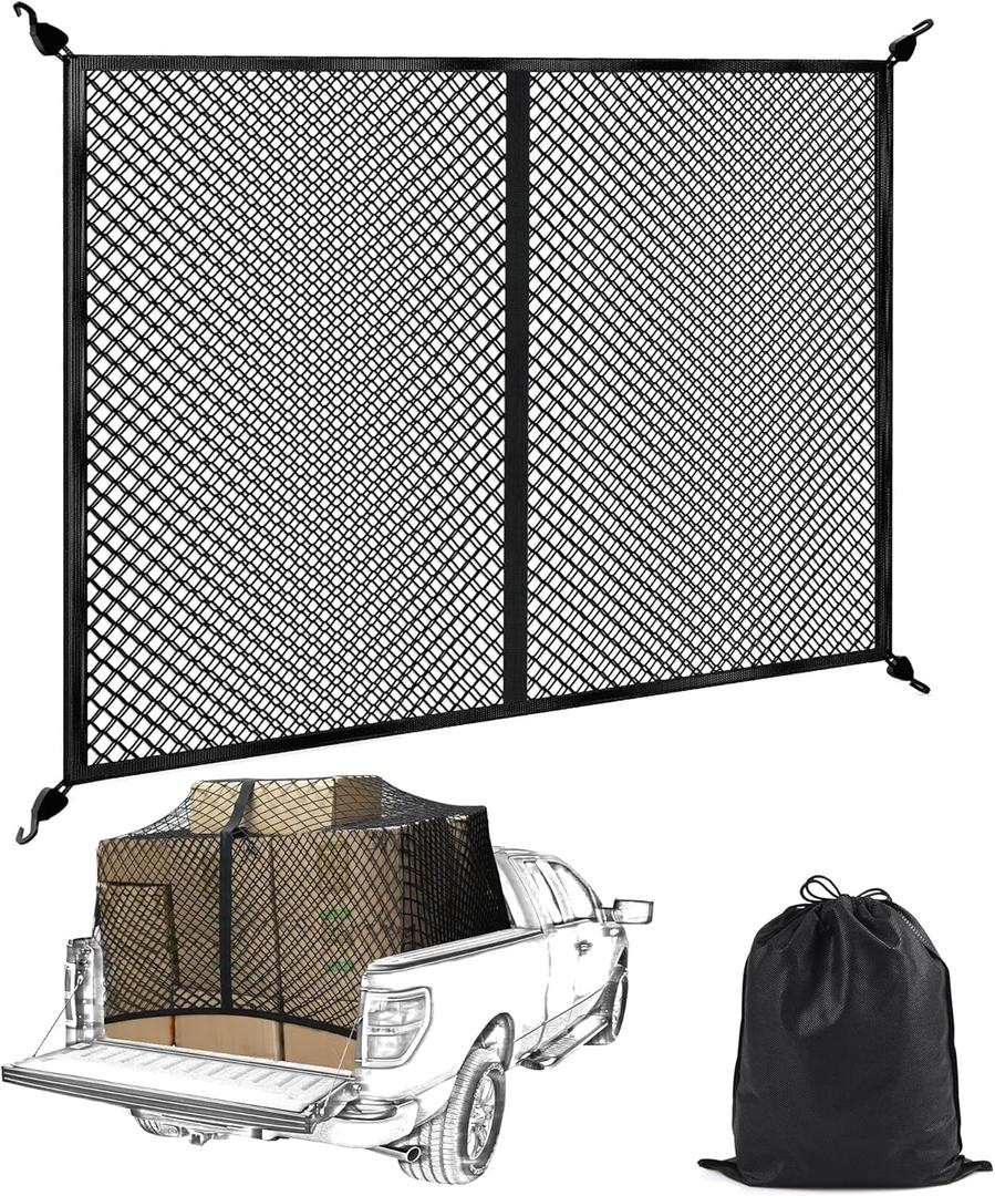 BUMBEE Truck Bed Cargo Net, Highly Elastic Double-Layered Stretchable up to 7ft x 7ft Small Mesh Durable Storage Organizer for Pickup Car Trunk SUV Boat