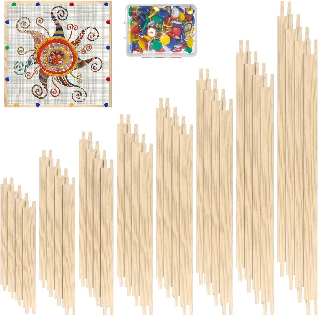 Foxtell 16 Sets Needlepoint Stretcher Bar Set, 8 Sizes Stretcher Bars for Needlework Art Supplies Wooden Canvas Stretcher Bar Set with 100 Pins Regular Stretcher Bars for Needlepoint Frame Set