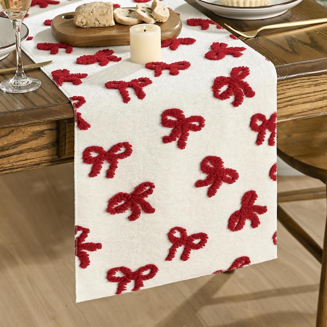 Artoid Mode Soft Coral Fleece Jacquard Red Bows Table Runner, Kitchen Dining Table Decoration for Home Party Decor 13x72 Inch (Beige)