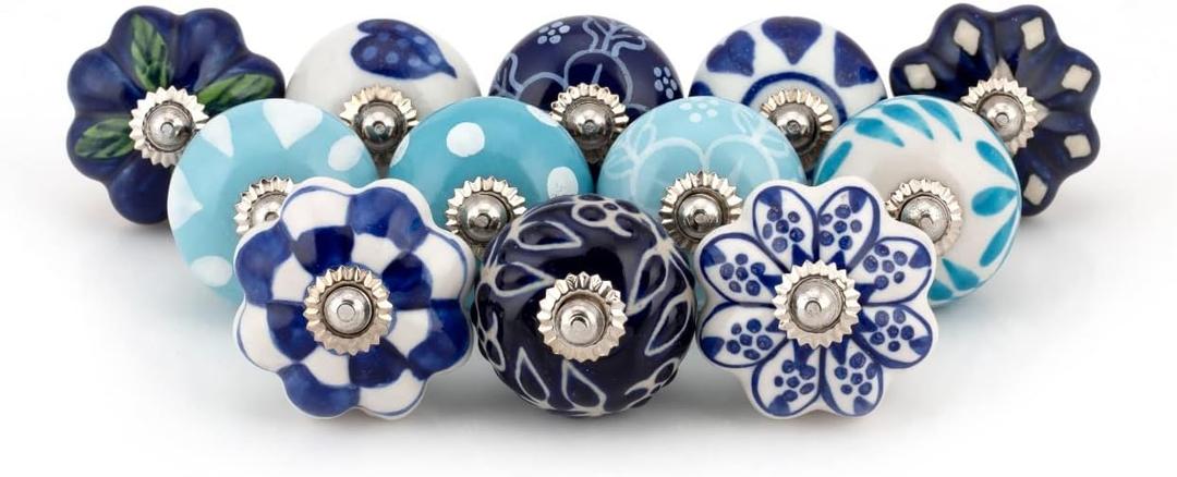 ATCUSA Vintage Multi Designed Decorative Ceramic Cupboard Kitchen Cabinet Door Knobs Bathroom Dresser almirah Drawer Pulls Retro Handles Boho Classical Glazed Hardware (Light Blue New - Pack of 12)