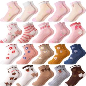Bencailor 20 Pairs Cartoon Pattern Crew Socks Cute Patterns Ruffle Crew Socks Cotton Cute Socks for Kids Girls (3-5T)