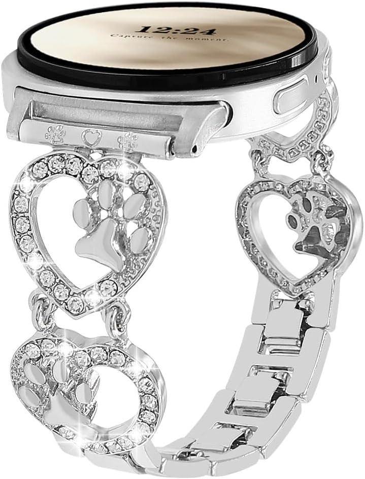 Bling Metal Band Compatible with Samsung Galaxy Watch 8 40mm/44mm,Galaxy Watch 8 Classic 46mm,Love Heart Shape Bracelet Dog Paw Wristband Women
