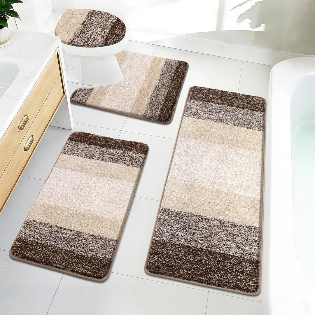Bsmathom Bathroom Rugs Sets 4 Piece with Toilet Cover, Plush Shaggy Bath Rugs Set Non Slip Washable, Absorbent Microfiber Bath Mat with U-Shaped Contour Toilet Mat for Bathroom, Dark Coffe