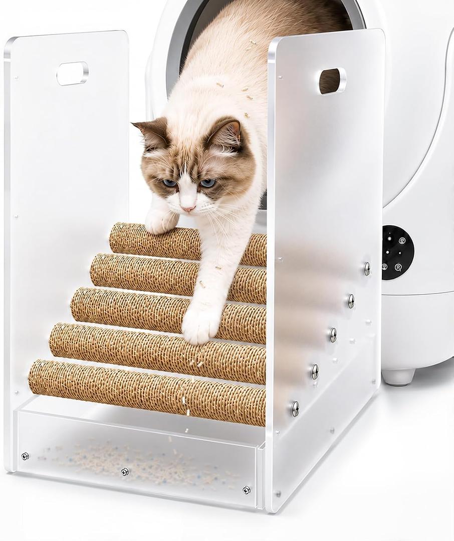 Cat Litter Box Ramp Stairs, 2-in-1 Adjustable Step & Ramp Modes for Senior Cats & Kittens, PP+Sisal Cat Ladder with Litter Catcher for Automatic Litter Box, Easy Clean, White