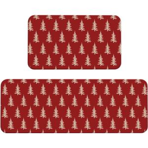 Red Christmas Kitchen Mats Set of 2 Cream Xmas Tree Print Winter Holiday Kitchen Rugs for Floor Home Decor Low-Profile Mats,17x29 and 17x47 Inch