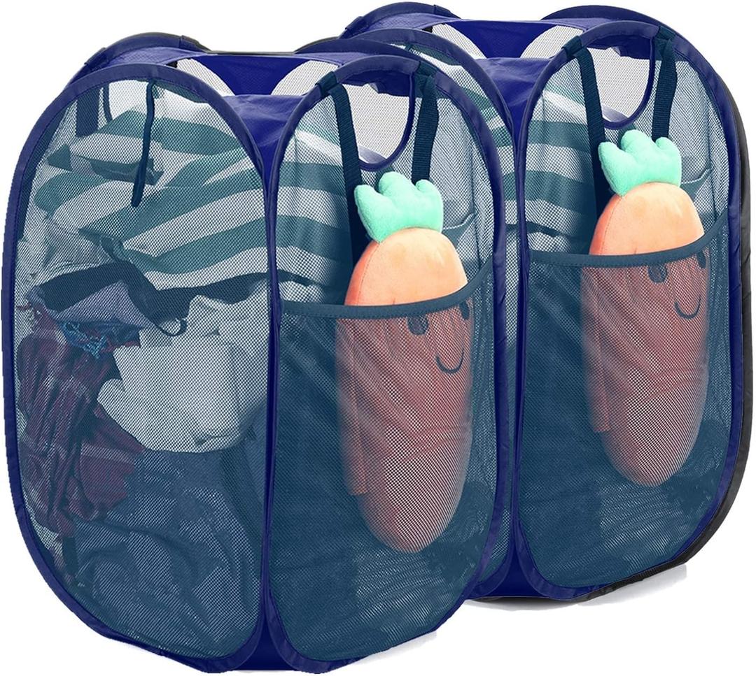[Reinforced] Strong Mesh Pop-up Laundry Hamper, Quality Collapsible Laundry Basket with Durable Handles Solid Bottom High Carbon Steel Frame, Easy to Open and Fold Flat for Storage(Blue) (2-Pack)
