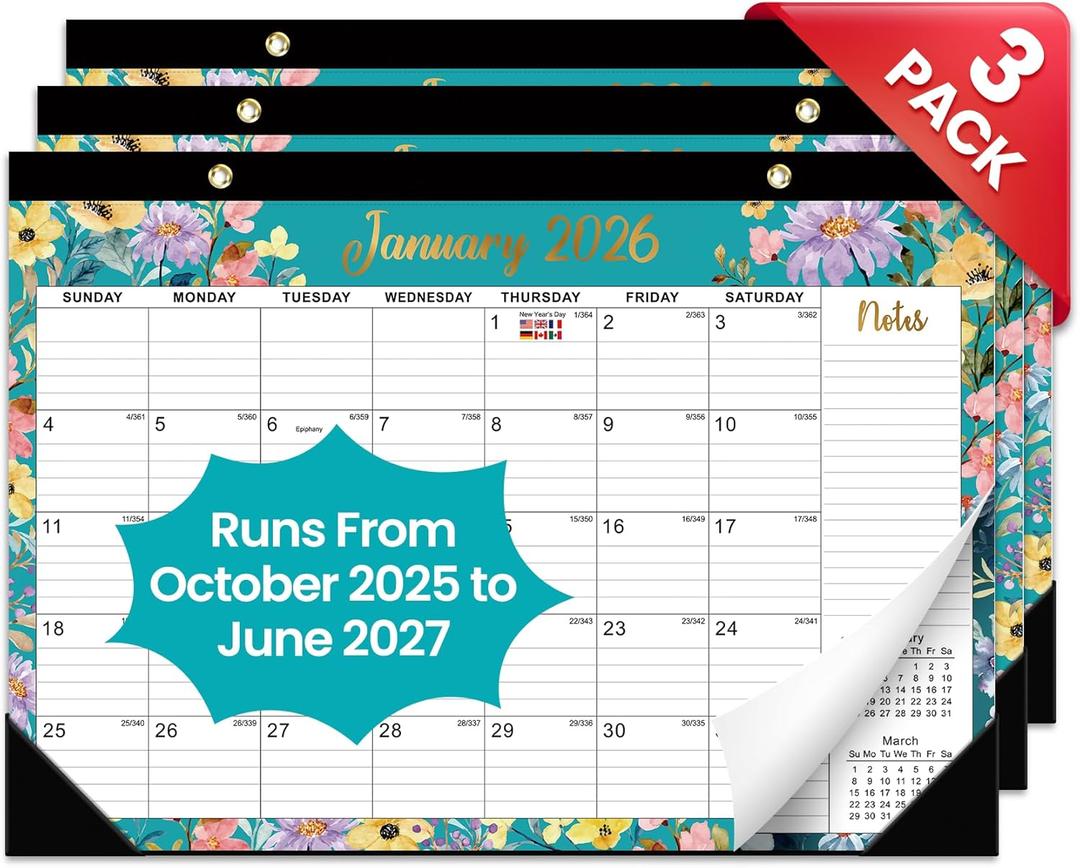 3 Pack of Desk Calendar 2026-2027, 21-Month Calendar Runs Unitl June 2027, Large 17" x 12" Monthly Desktop & Wall Calendar for Home & Office - Floral