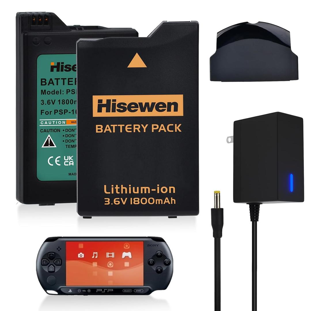 Hisewen PSP 1000 Battery 2 Pack and Fast Charger for Sony PSP 1000 PSP-110 (1001, 1002, 1003, 1004, 1005, 1006, 1007, 1008, 1010), PSP Fat