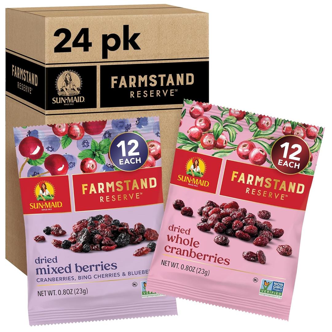 Sun-Maid Farmstand Reserve 24 Count Variety Pack - 0.8 oz Snack Bag  (12) Whole Dried Cranberries and (12) Dried Mixed Berries - Holiday Snacks and Charcuterie Boards (Amazon Exclusive)