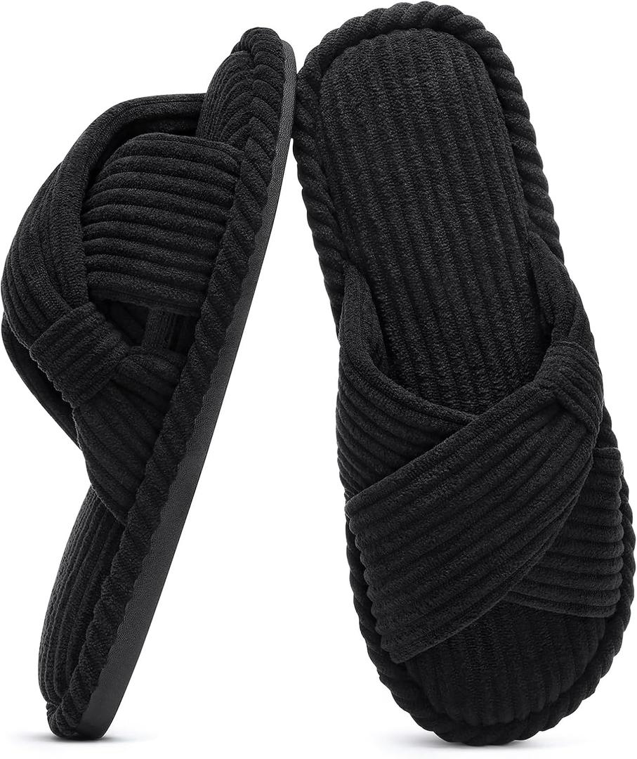 e Summer House Slippers for WEvshinomen Corduroy Cross Bow Indoor Slippers Open Toe Slip On Bedroom Shoes with Memory Foam (8-9, Black)