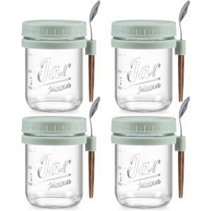 LANDNEOO 4 Pack Overnight Oats Containers with Lids and Spoons, 16 oz Glass Mason Jars with Airtight Lids, Overnight Oats Jars for Milk, Cereal, Fruit-Green