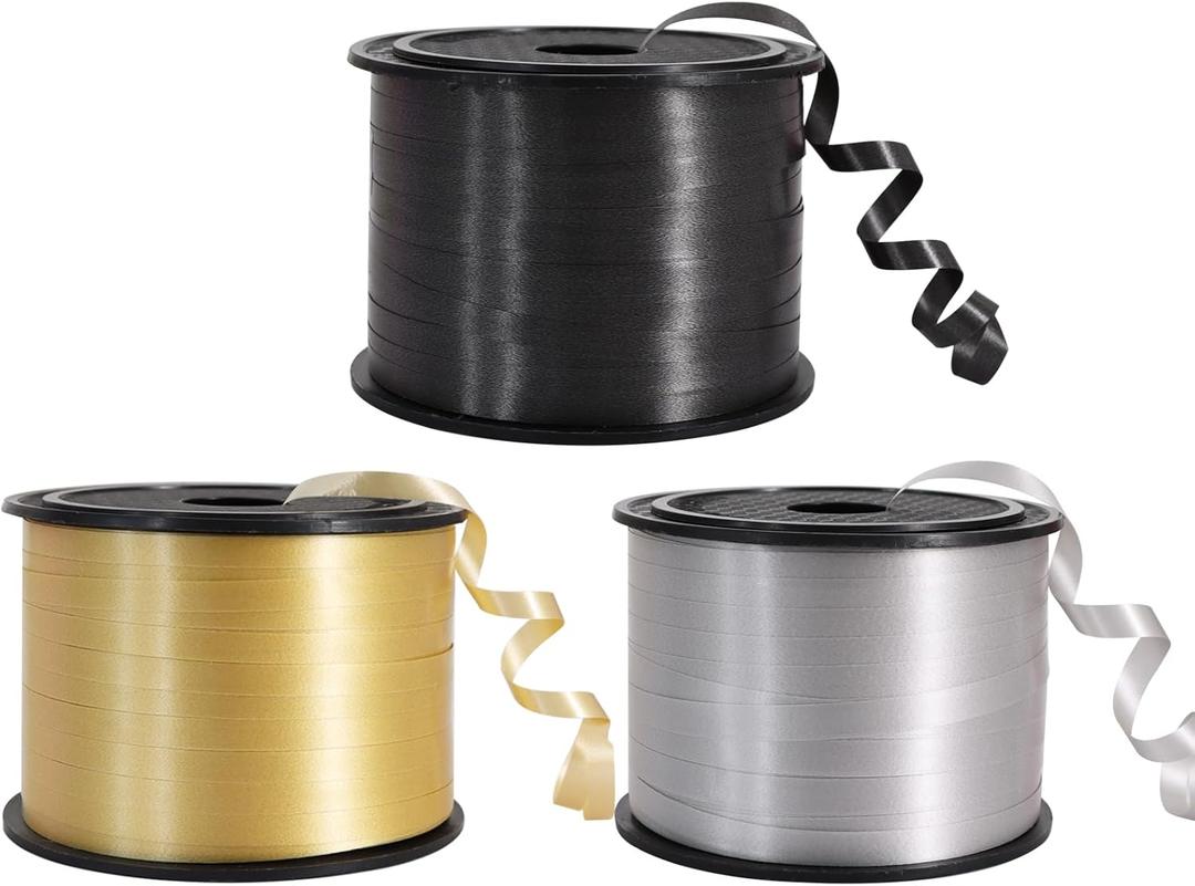 TONIFUL 300 Yards Curling Ribbon-Balloon Ribbon-Balloon String for Art&Craft Decor,Gift Wrapping,Ribbons and Bows for Christmas New Year Birthday Gifts Graduation Supplies (Gold Black and Silver)