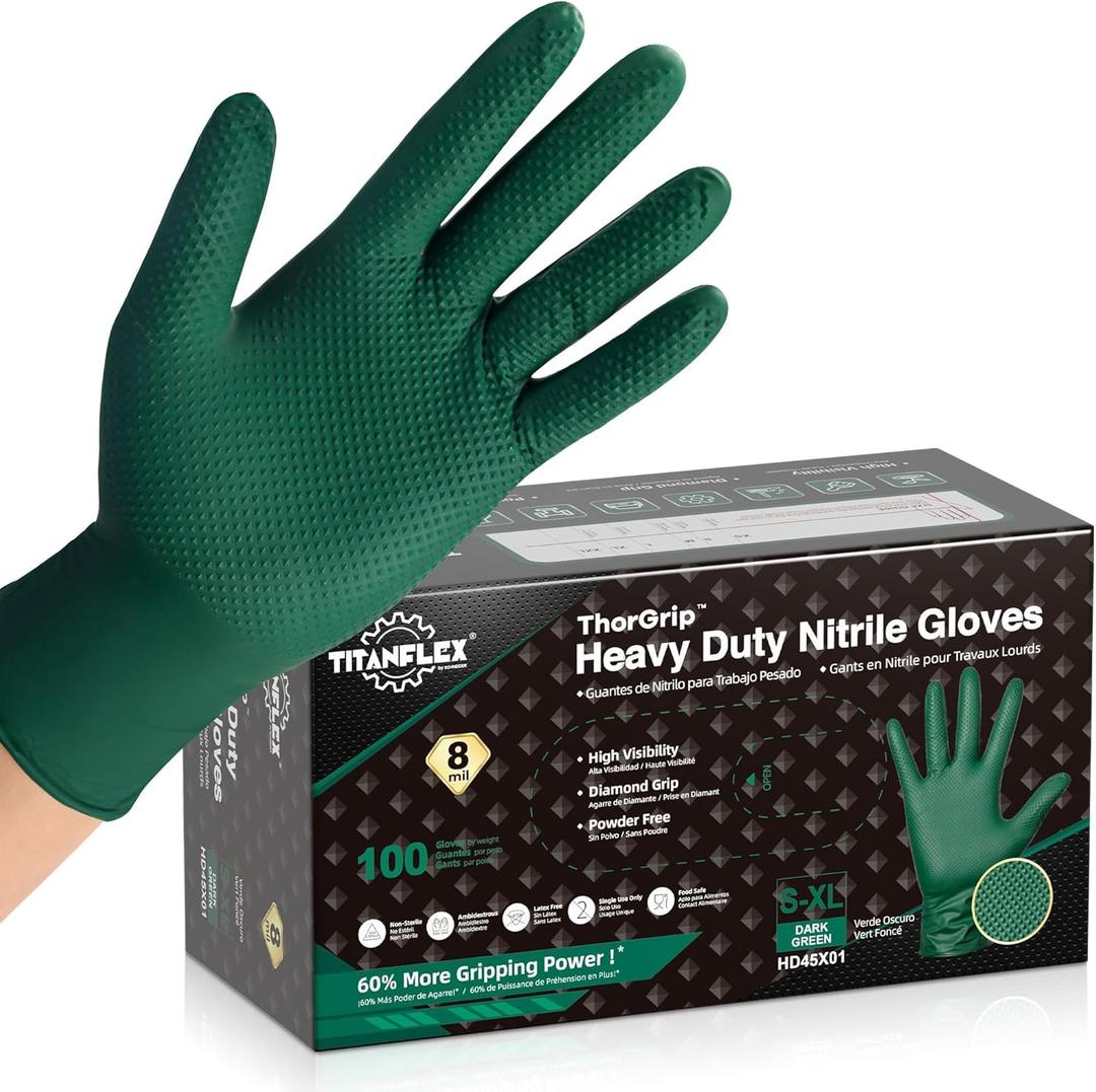 TitanFlex Heavy Duty Industrial Nitrile Gloves with Raised Diamond Texture, 8-mil, Latex Free (Green/Dark Green/Yellow) (Small)