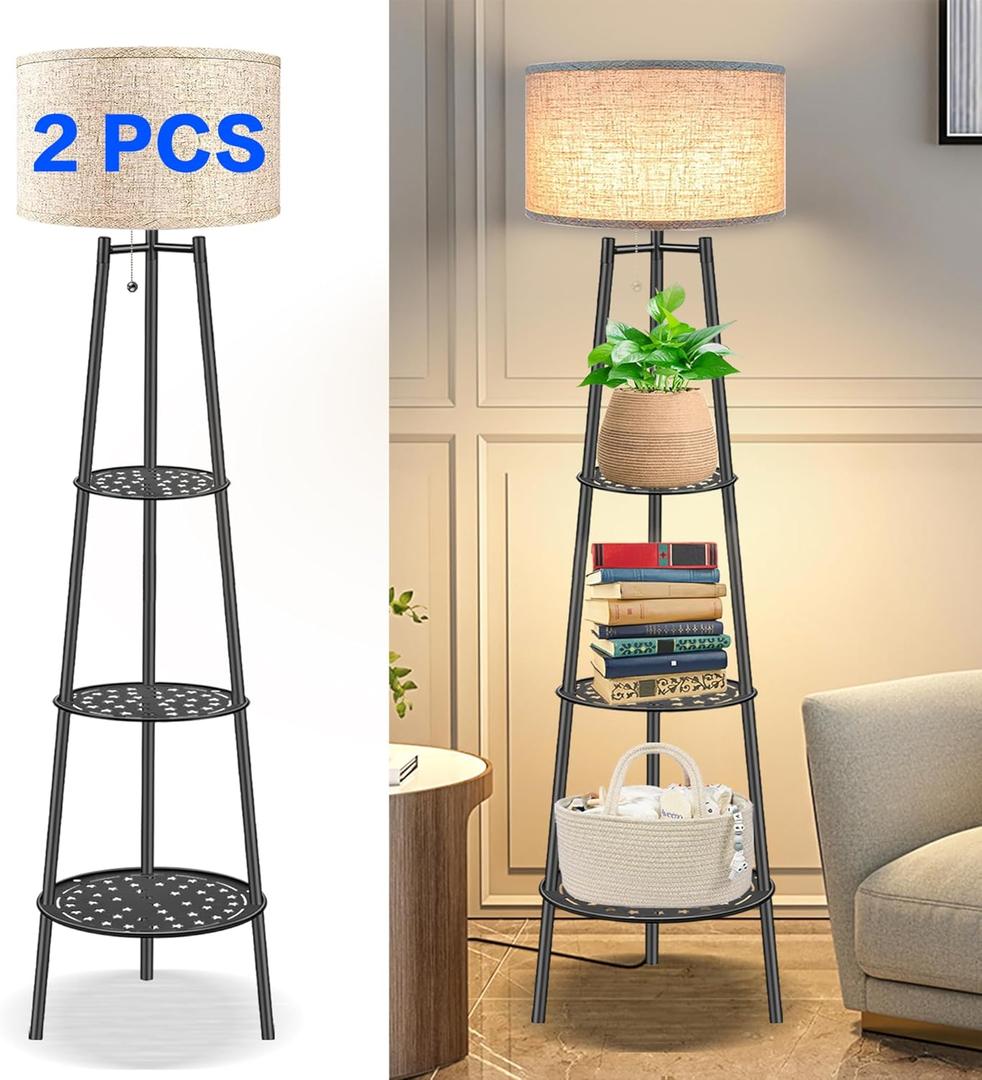 2 PCS Black Floor Lamp with Shelves for Living Room Standing LampTall Lamp Amparas Elegantes para Sala with Linen ShadeModern Floor Lamp for Living RoomBedroom or OfficeBlack