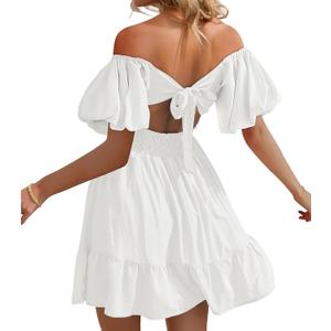 Phortric Womens Summer Tie Back Dress Square Neck Lantern Sleeve Off Shoulder Casual Mini Dresses (Large)