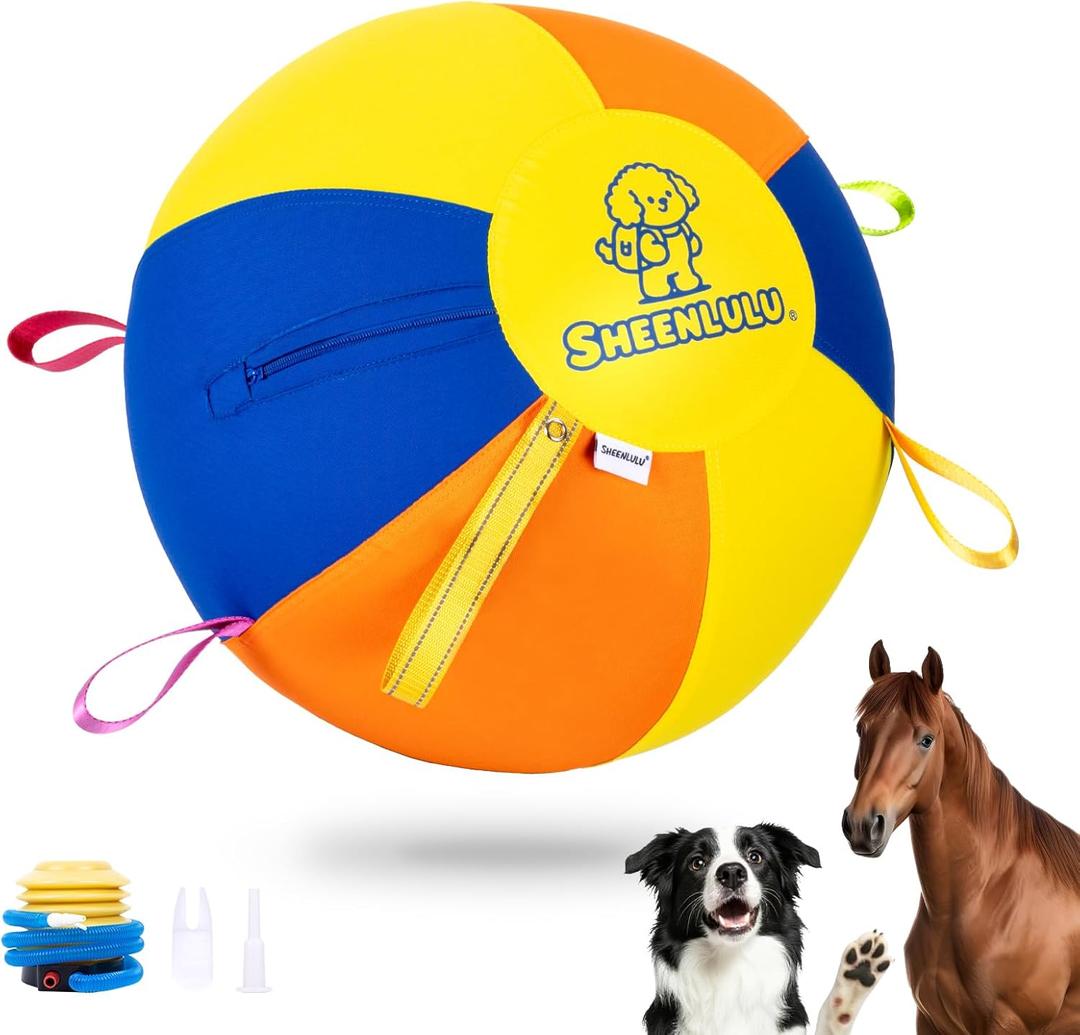Herding Ball for Dogs, 22'' Dog Traing Balls with Straps for Australian Shepherd, Border Collie, Cattle Dog, Large Breed, Horses Outdoor Play (Multicolor&Bell)