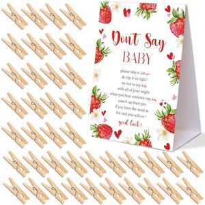 Strawberry Themed Baby Shower Games, Dont Say Baby Game, Pack of 1 Sign and 35 Mini Wooden Clothespins, Berry Sweet Baby Shower Decorations, Gender Reveal Party Supplies