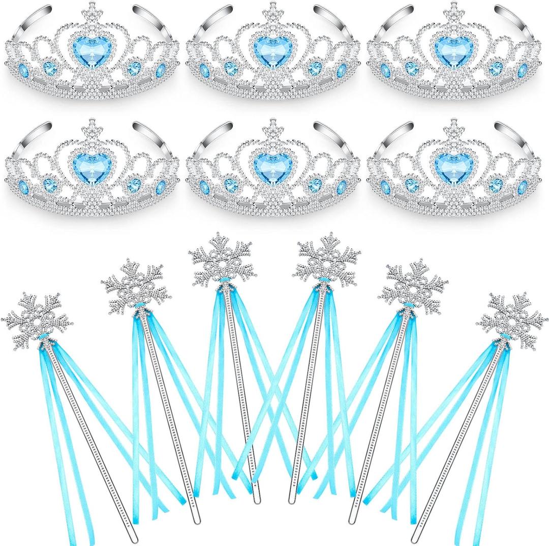 Chalyna 12 Pcs Princess Crowns Tiara Wand for Little Girl Silver Heart Jewel Plastic Tiara Winter Gift for Birthday(Blue,Snowflake Style)