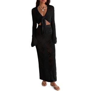 Saodimallsu Womens Crochet Swim Cover Up 2 Piece V Neck Long Sleeve Wrap Tie Crop Tops Beach Boho Maxi Coverup Set (Black), M