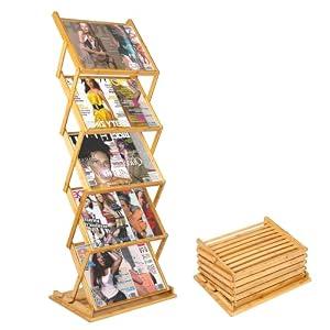 Choowin Large Foldable Magazine Rack Floor Stand Brochure Display Stand Literature Display Rack Holder Bamboo Wood Magazine Rack for Home Office Retail Display Exhibitions Portable 5 Pockets