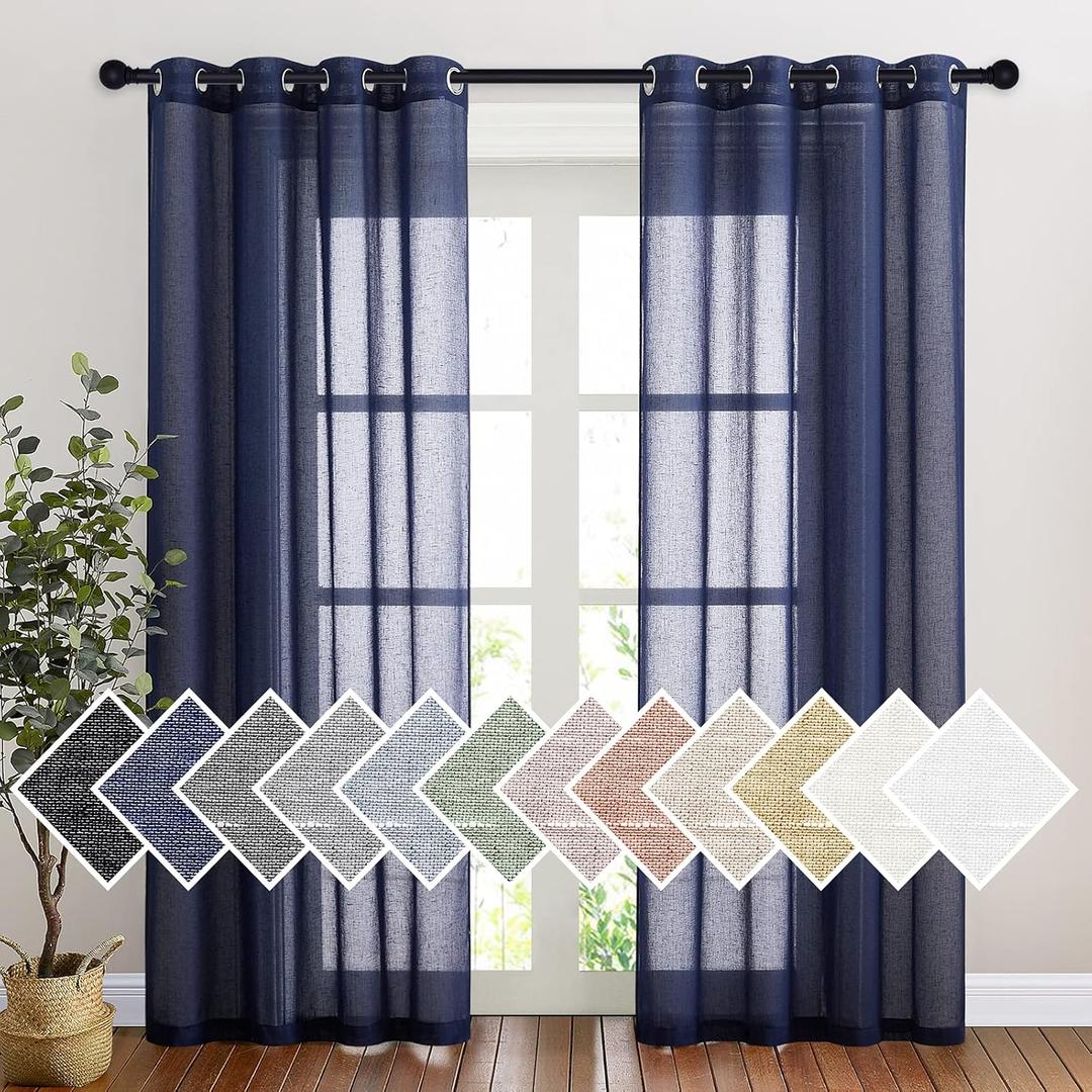NICETOWN Linen Textured Sheer Bedroom Window Curtains, Grommet Semitransparent Vintage Natural Open Linen Wave Privacy Sheer Draperies for Hall/Villa, Dark Blue, 52W by 84L, Set of 2