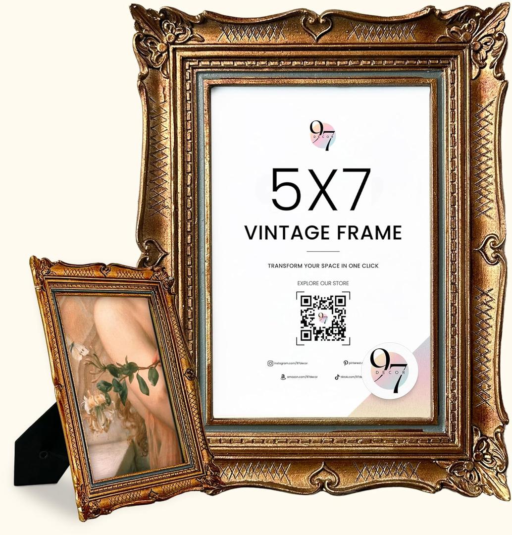97 Decor 5x7 Antique Picture Frame - Gold Vintage Picture Frames 5x7, Ornate Frames 5 X 7 With Glass Front For Tabletop Photo Display And Wall Hanging, Victorian Poster Frame 5 By 7