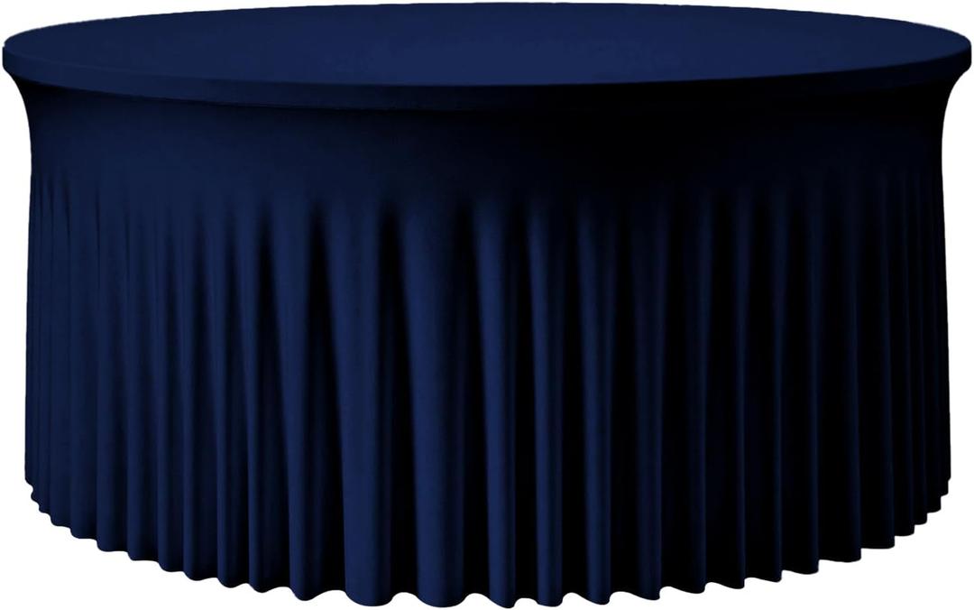 Navy Blue Round Spandex Tablecloth with Ruffle Skirt, 60 Inch Fitted Cover for 5FT Tables – Graduation, Memorial Day & Veterans Day, Wedding, Party, Birthday,Wrinkle-Resistant & Washable