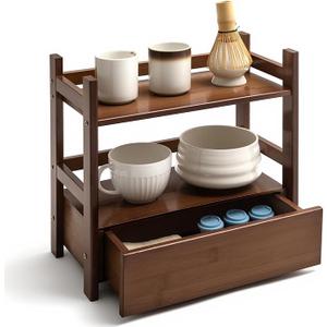 Chunful 2 Tier Matcha Station Bamboo Organizer with Hidden Drawer, Wood Home Coffee Station Organizer for Kitchen Countertops, Coffee Bars, Kitchen & Office Storage(13" L x 6.5" W x 12.6" H)(Brown)