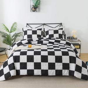 Caressma Black White Comforter Set Twin Size, Checkered Plaid Comforter Bedding Set, Fluffy Grid Plaid Comforter Home Decor for All Seasons