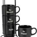 Signature Housewares Be Happy - Juego de 4 tazas de caf apilables de cermica con estante de metal, tazas de caf de 15 onzas para caf, t, chocolate caliente, leche, juego de 4, negro mate