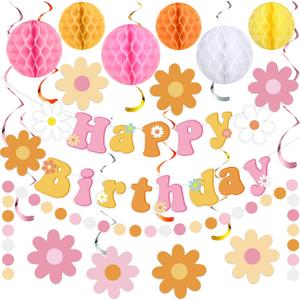 Pasimy Groovy Party Decorations Daisy Birthday Banner Garland Boho Flower Happy Birthday Decor Retro Hippie Hanging Swirls Streamer Groovy Honeycomb Balls Dot Garland Banner for Boho Party Supplies
