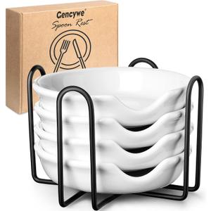 4 Pack Ceramic Spoon Rest with Metal Holder, Gencywe 4.8 inch Spoon Holder for Kitchen, for Stove Top, Coffee Spoons, Ladles, Tong, Cooking Utensil Rest, Housewarming Gifts