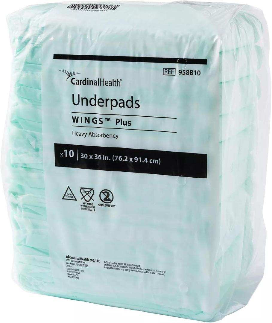 Cardinal Health Underpads, Wings Plus, Heavy Absorbency, Green, 30 x 36IN, Case of 50