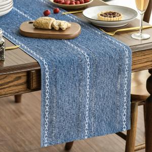 Artoid Mode Blue Rustic Cotton Linen Table Runner, Seasonal Embroidered Hollow Kitchen Dining Table Decoration for Home Party Decor 13x72 Inch