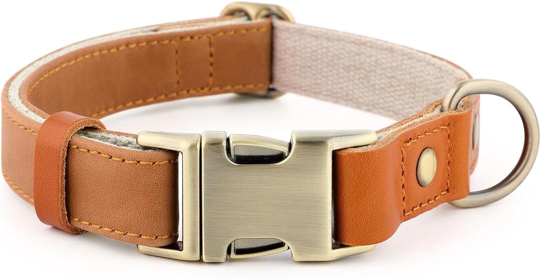 Plutus Pet Genuine Leather & Hemp Dog Collar Adjustable Heavy Duty Pet Collar with Quick Release Metal Buckle, Soft & Stylish for Puppy and Small, Medium, Large Dogs (Light Brown, M)