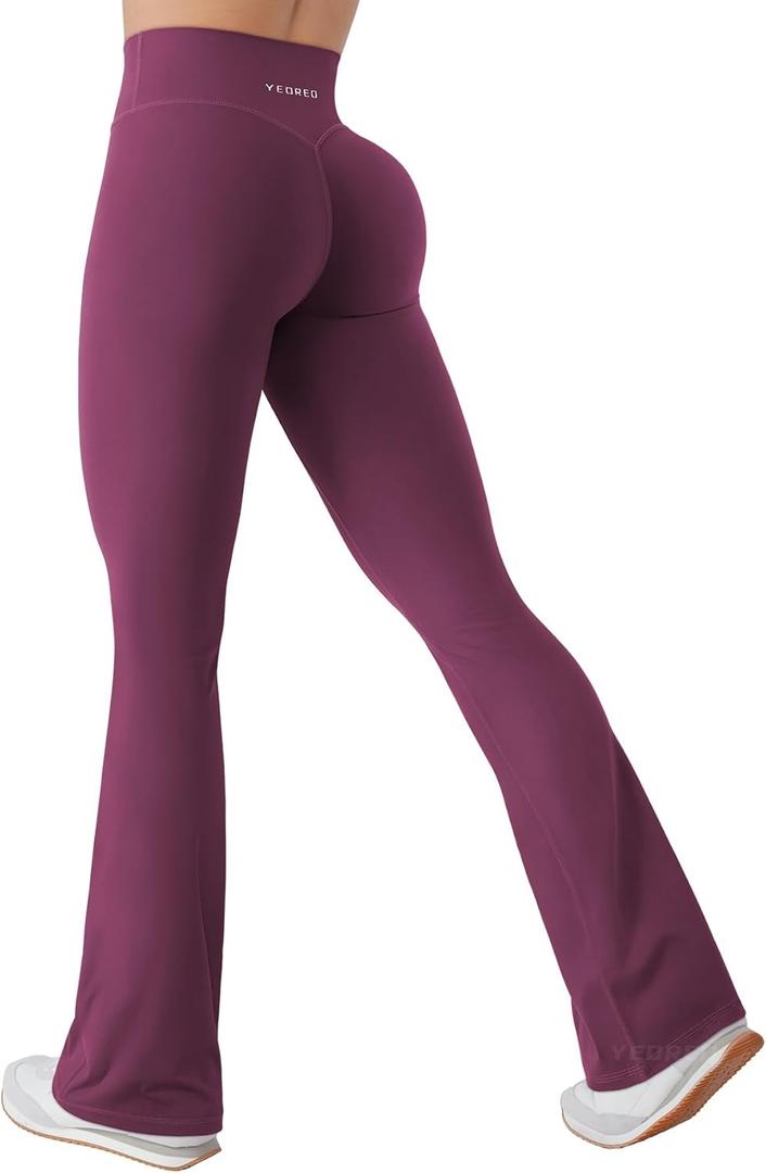 YEOREO Mini Flare Leggings for Women 30.5" Hidden Scrunch Workout High Waisted No Front Seam Craze Gym Yoga Pants (Small, Deep Cherry Red)