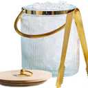 Glass Ice Bucket with Airtight Lid, Ice Tong Scooper and Handle - 3L Ribbed Beverage Tub Cocktail Home Bar Accessories, Wine, Beer - Chiller for Parties, Champagne Drink Tub Cooler with Hinged Handles